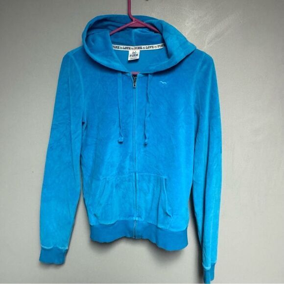 Victorias Secret PINK Blue Velour jacket full zip Hoodie size Small S - Picture 3 of 3